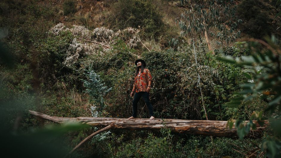 Man standing on a log in a dense forest, embodying nature and escape.