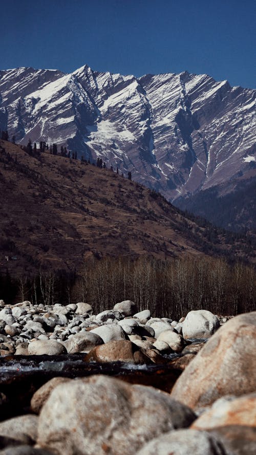 Landscape of Rocky Snowcapped Mountains across the River and Rocks in the Valley 