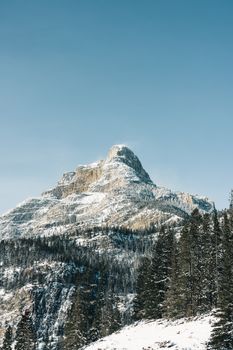 Majestic snowcapped peak in Kananaskis, Alberta, surrounded by forested slopes. The essence of Canadian wilderness.