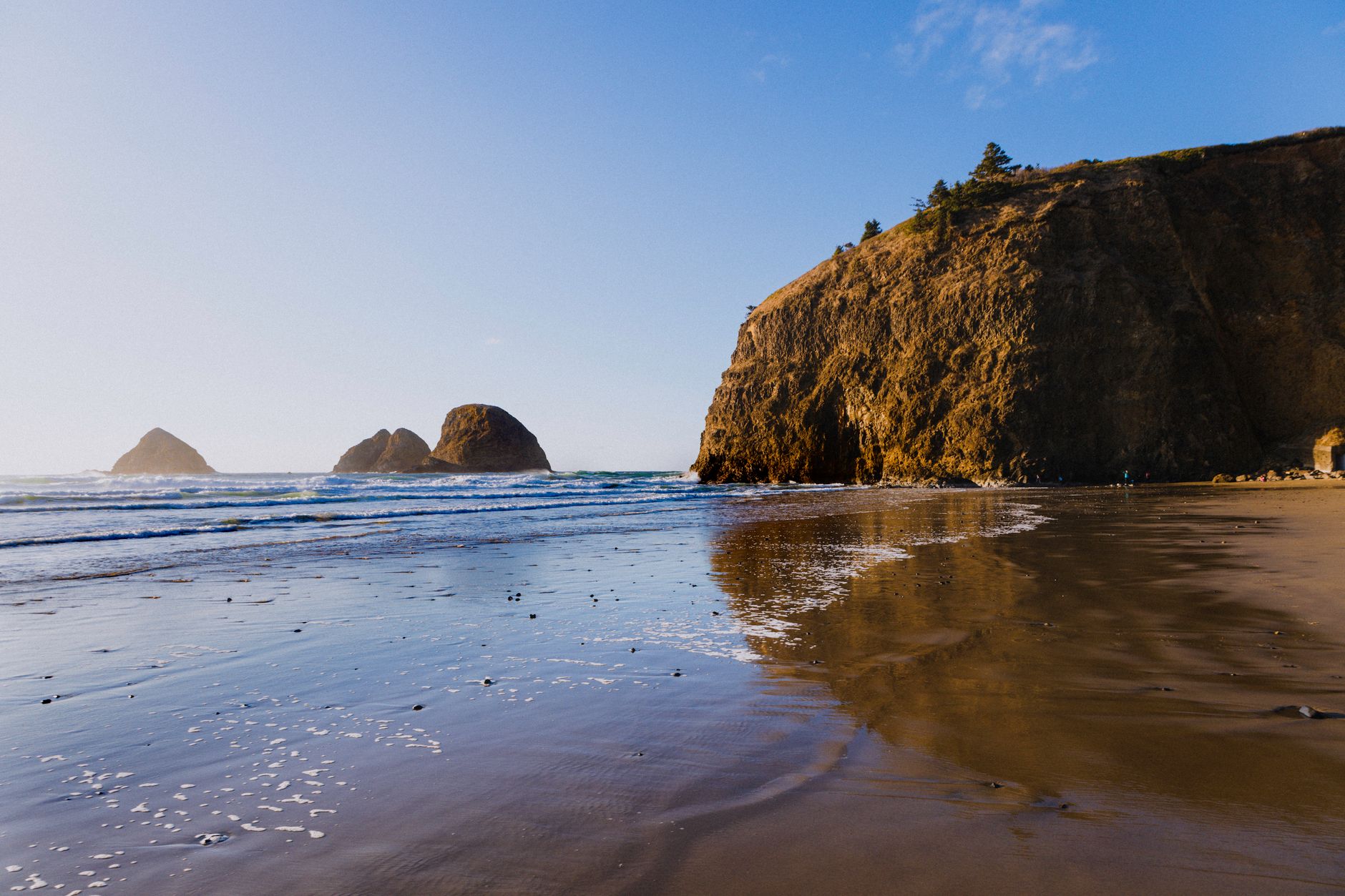 Beautiful Oregon coast with cliffs and sea stacks under a clear blue sky.