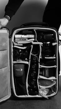 Organized photography equipment in backpack for travel and shoots.