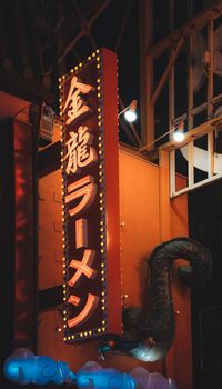 An illuminated sign with Japanese writing lights up the street at night outside a ramen shop.