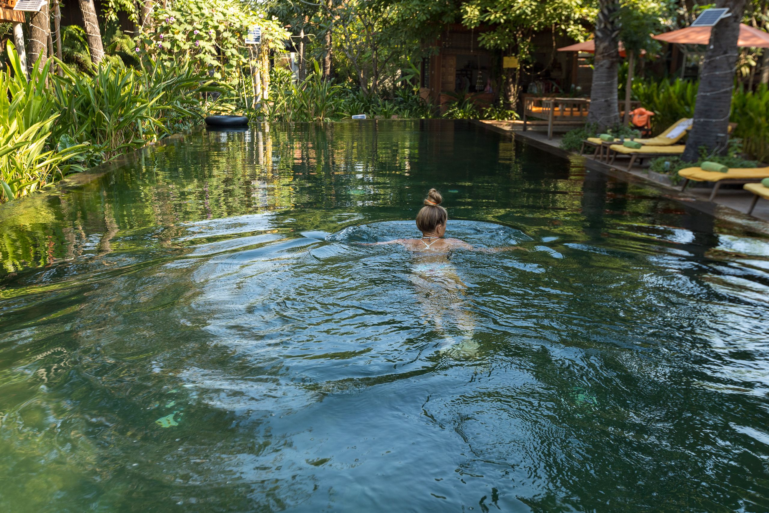 A woman enjoys a swim in a serene tropical resort pool surrounded by lush greenery. - Photo by Serg Alesenko on Pexels