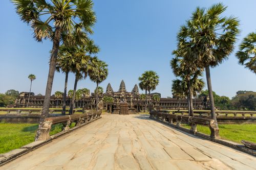 Free Explore the majestic Angkor Wat surrounded by lush palm trees under a clear blue sky. Stock Photo