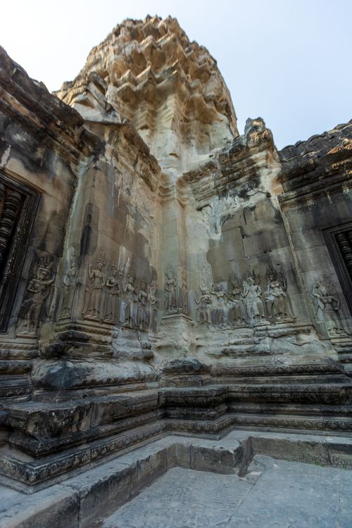 Free Detailed view of a historical temple with ornate carvings and stone structures. Stock Photo