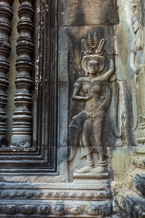 Close-up of a Carved Wall in the Angkor Wat, Siem Reap, Cambodia