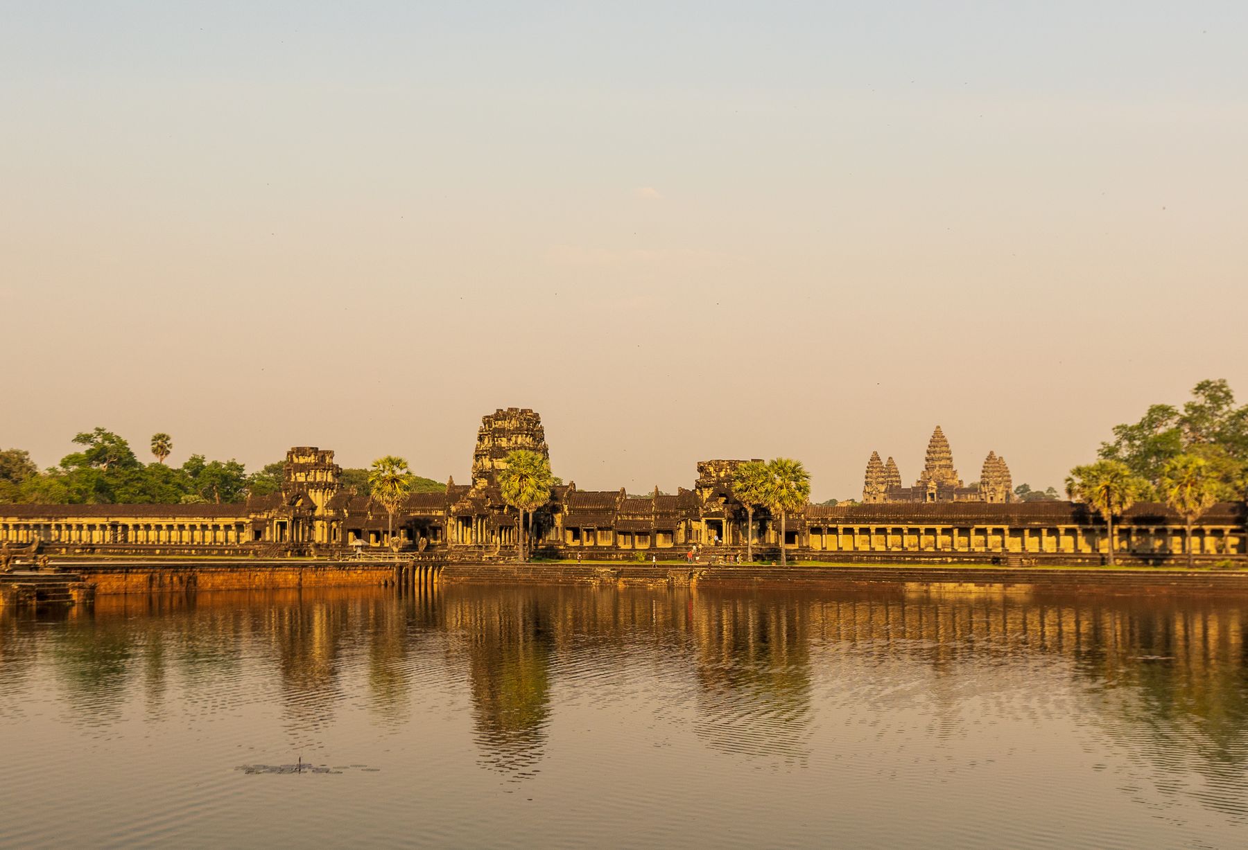 Angkor Wat's towers and causeway reflected across a lotus pond at golden hour
