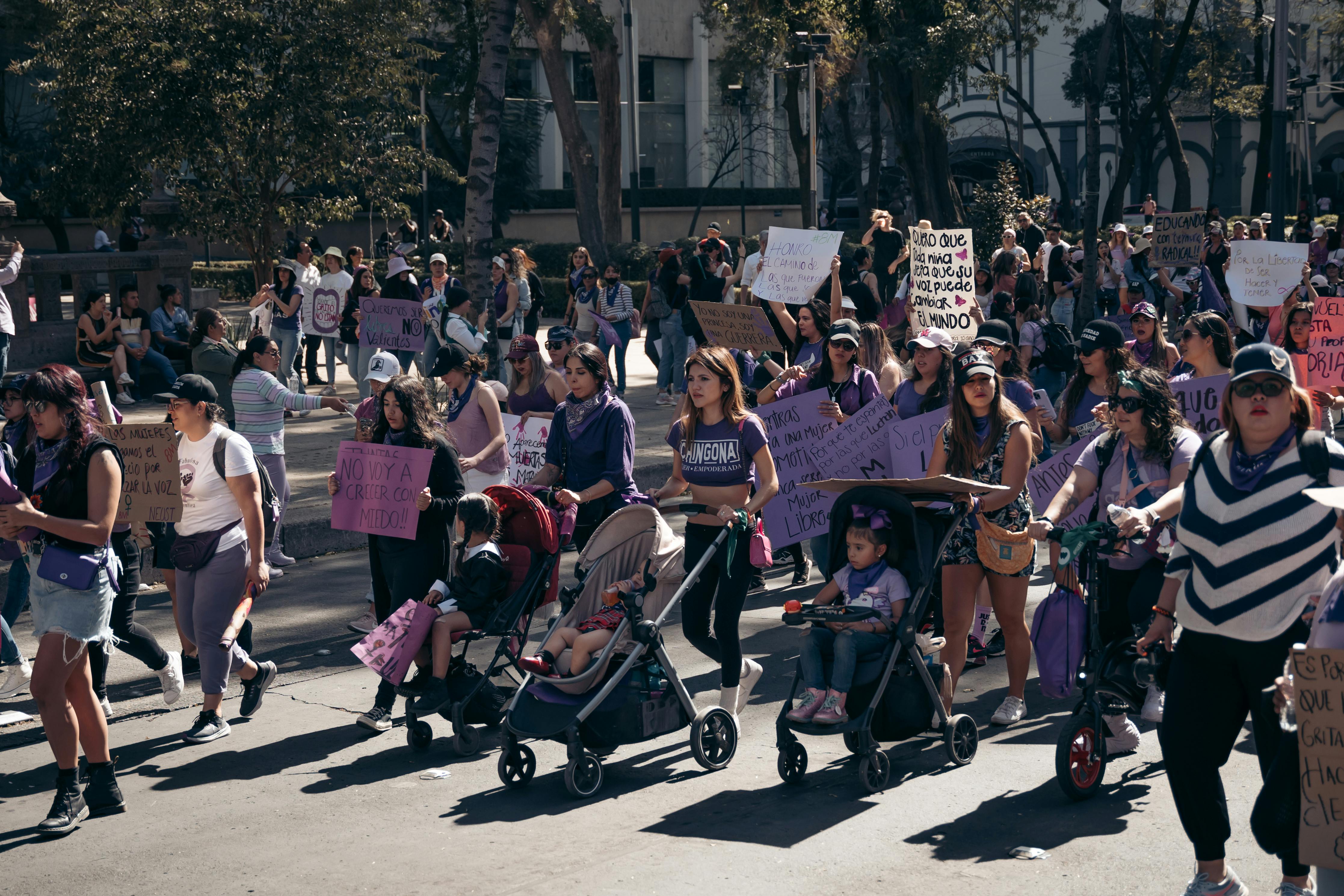 Vibrant demonstration of women in Mexico City advocating for equality and empowerment.
