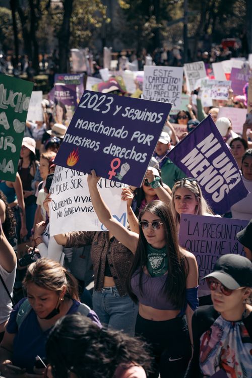 Free Demonstrators advocating for women's rights in Mexico City with signs and banners during daylight. Stock Photo