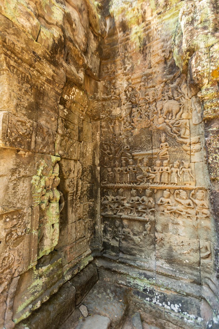 Close-up Of Carved Walls In A Temple At The Angkor Wat, Siem Reap, Cambodia 