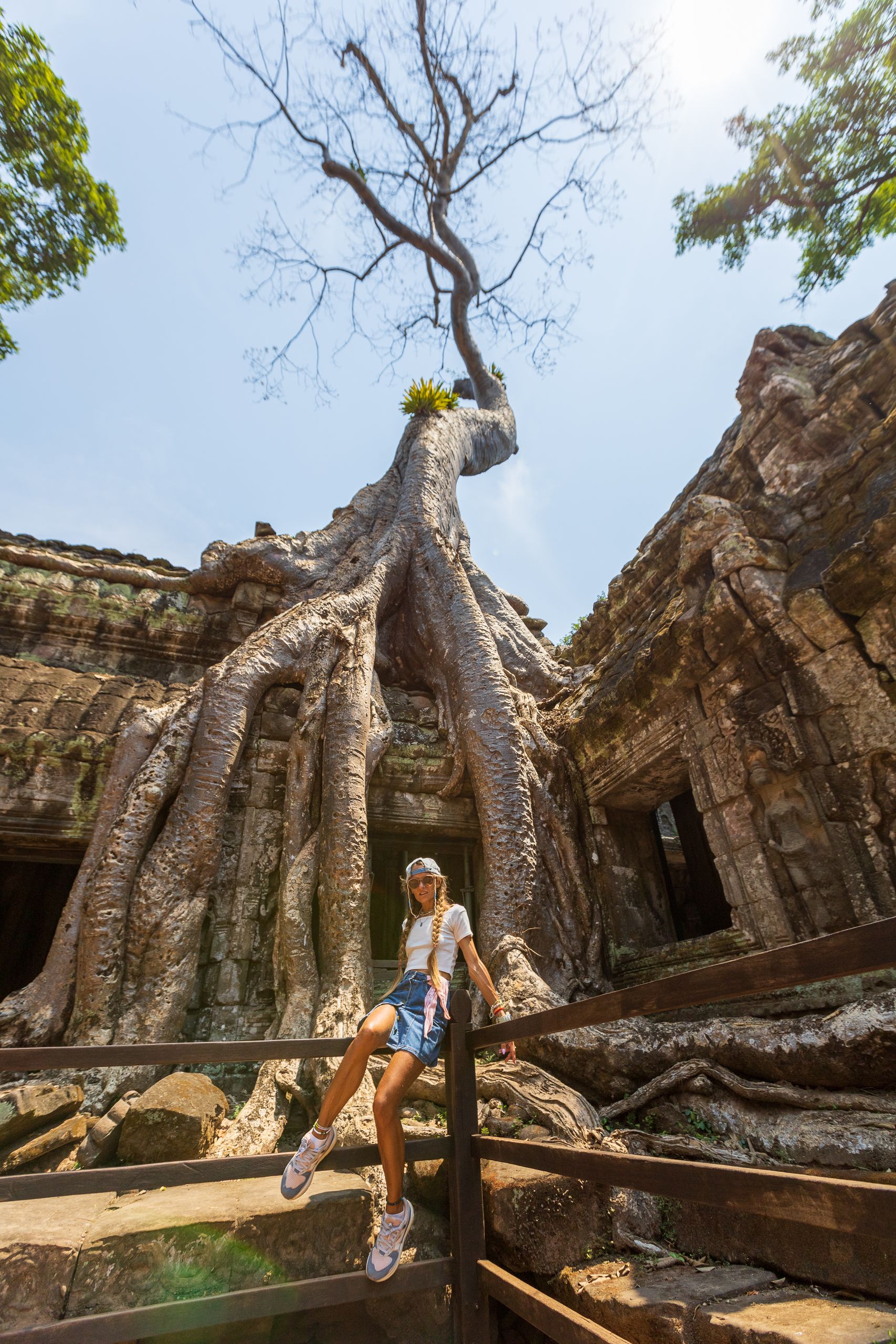 Woman enjoying a visit at Angkor Wat temple, Cambodia, with a massive tree.