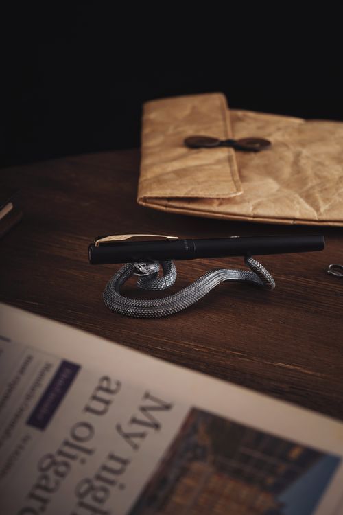 Free A stylish pen rests on a silver rattlesnake-shaped holder, surrounded by a rustic envelope and a newspaper. Stock Photo