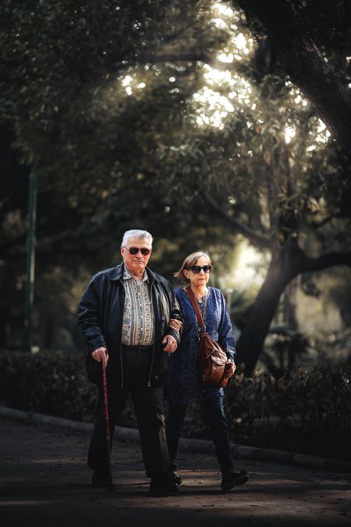 Free Senior couple walking in sunny New Delhi park, enjoying leisure time outdoors. Stock Photo