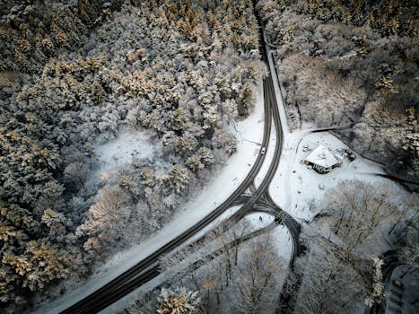 Drone shot of snowy forest and roads in Spier, Netherlands during winter.