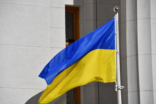 Ukrainian Flag at Building Facade