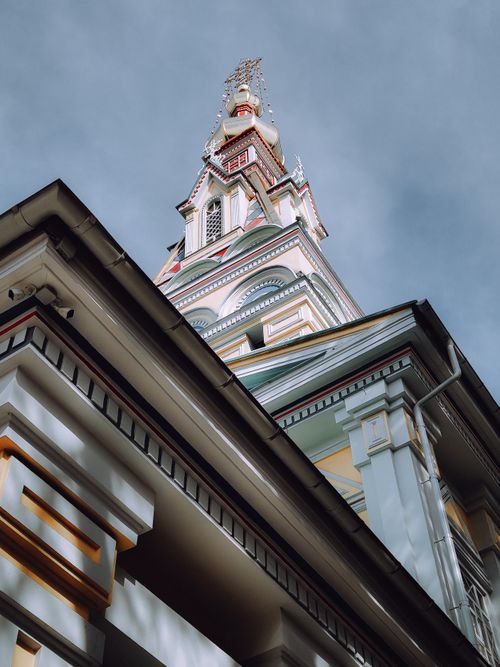 Free Low angle shot of Zenkov Cathedral's colorful tower in Almaty, Kazakhstan. Stock Photo