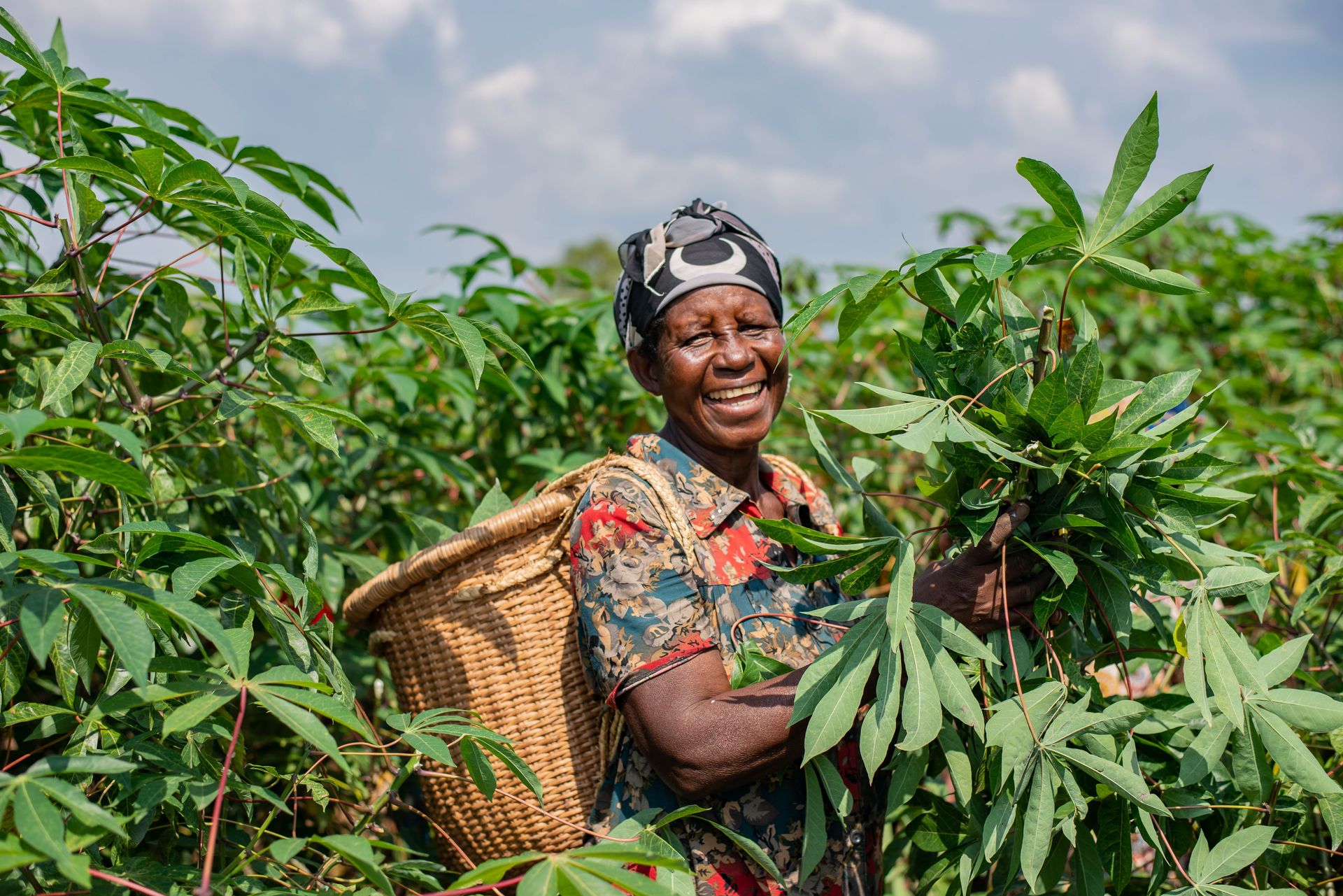 Smiling Woman with Basket Working on Plantation