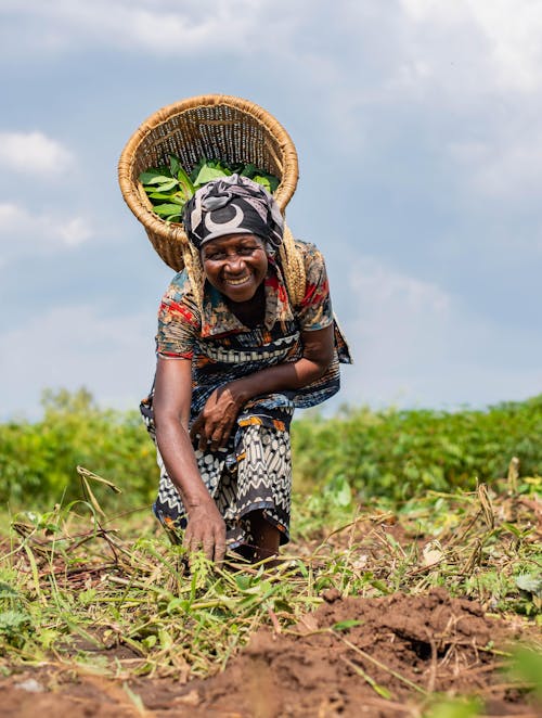 Smiling Woman with Basket on Back Working in Field