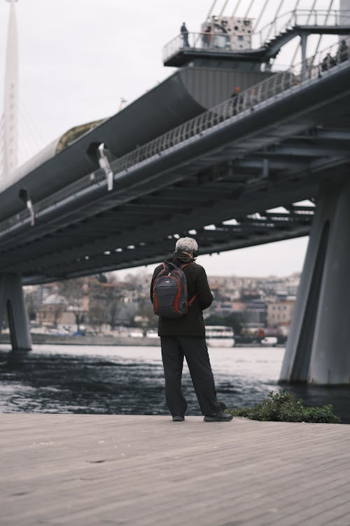 Man with Backpack Standing near Halic Bridge