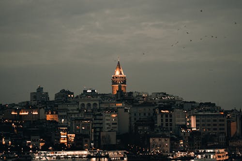 Cityscape with illuminated Galata Tower