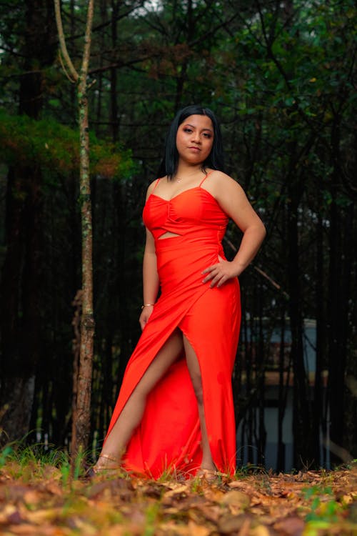 Portrait of a Female Model Wearing a Red Dress Posing in a Forest