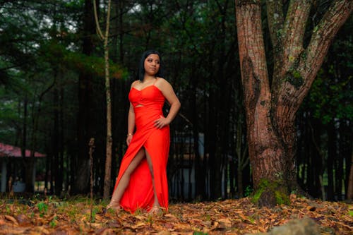 Female Model Wearing a Red Dress Posing in a Forest