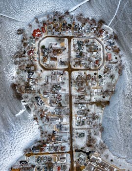 Frozen suburban area of Albert Lea, MN captured from above in winter