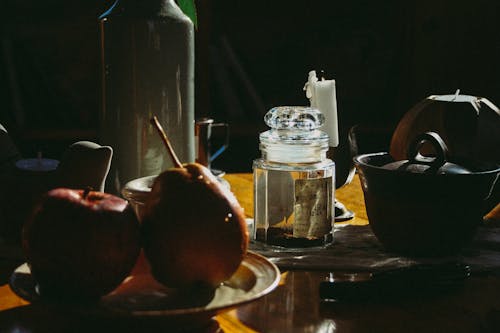 Free Apple and Pear Near Glass Bottle Stock Photo