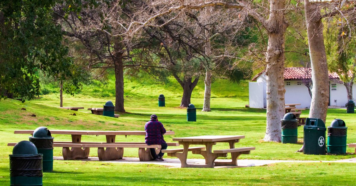 A person sitting alone on a bench in a green park on a sunny day in Santa Clarita, California.