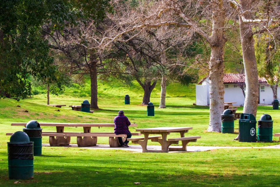 Person relaxing in a California park on a sunny day, scoping out an event venue location