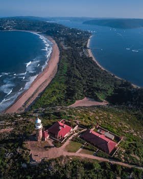 Stunning aerial shot of Barrenjoey Lighthouse with scenic coastline and ocean views in Australia.