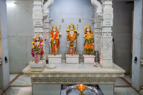 Beautiful idols of Lord Rama, Goddess Sita, Lord Hanuman, and Laxman being worshipped at a Hindu temple in Mumbai, India 