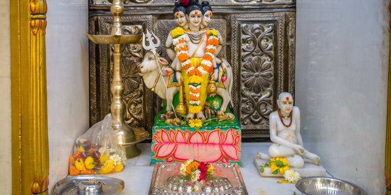 Hindu altar with spiritual decorations during Navratri