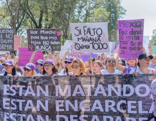 Free A vibrant demonstration in Mexico City advocating for women's rights with signs and banners. Stock Photo