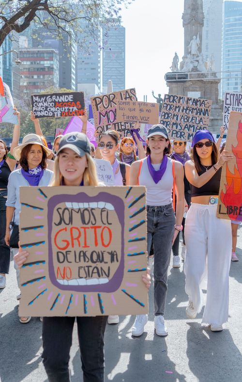 Free A group of women hold signs during a protest in Mexico City, advocating for women's rights. Stock Photo