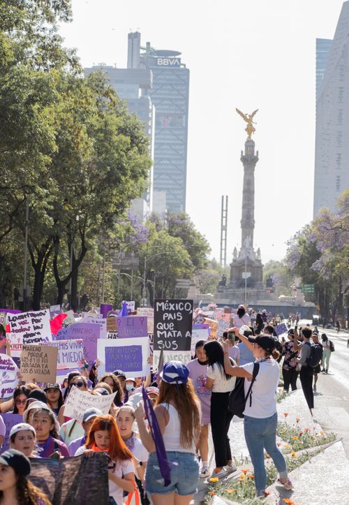 Free Women protesting for equal rights at Angel of Independence in Mexico City. Stock Photo