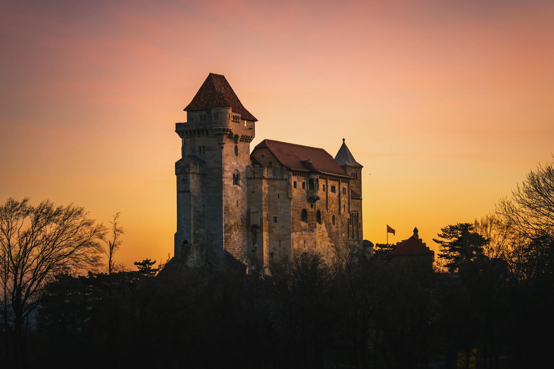 Stunning sunset view of Liechtenstein Castle in Austria, framed by trees and a vibrant sky.