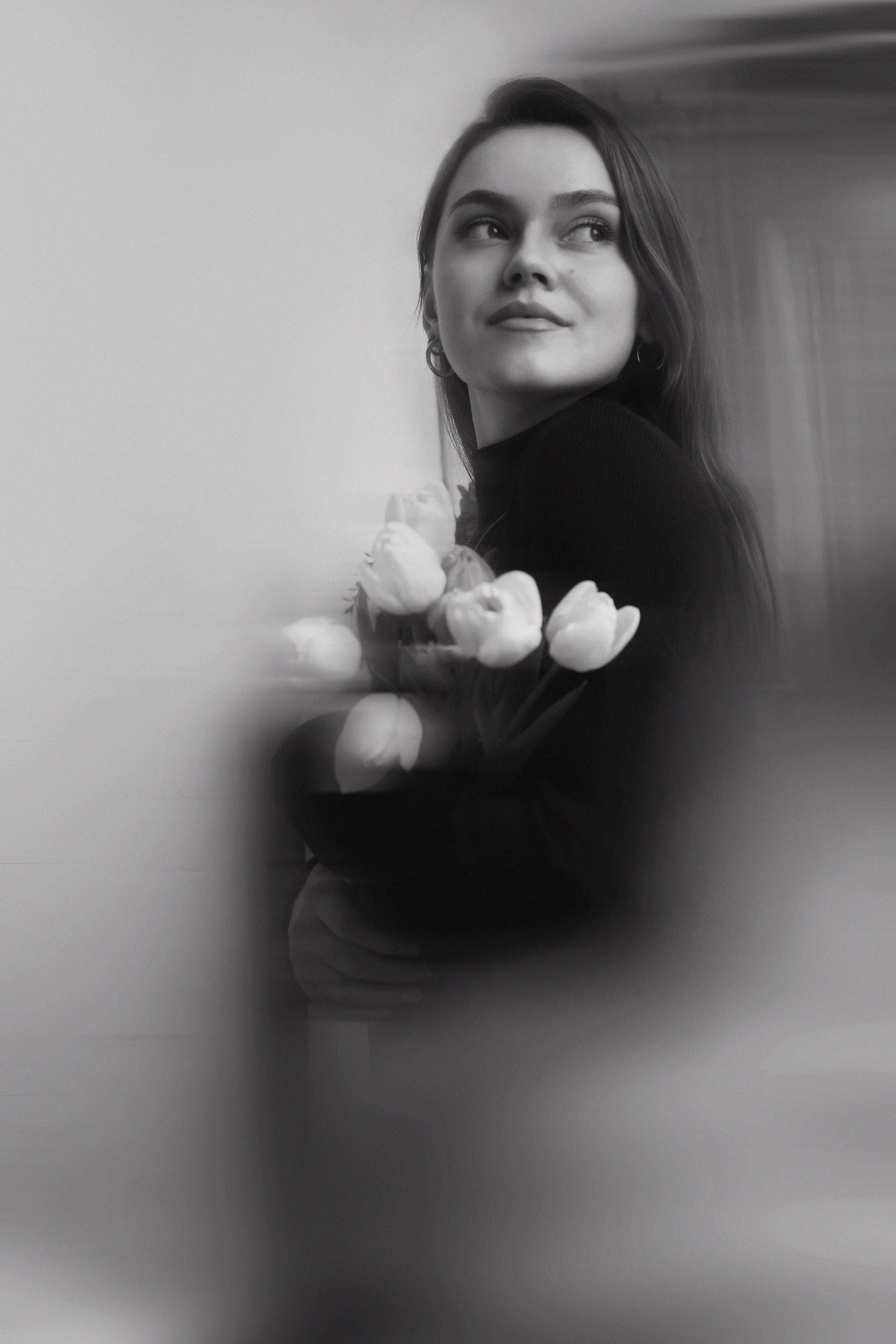 Woman with Flowers in Black and White · Free Stock Photo