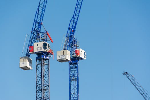 Two blue and white tower cranes stand tall against a clear blue sky, showcasing construction industry machinery.