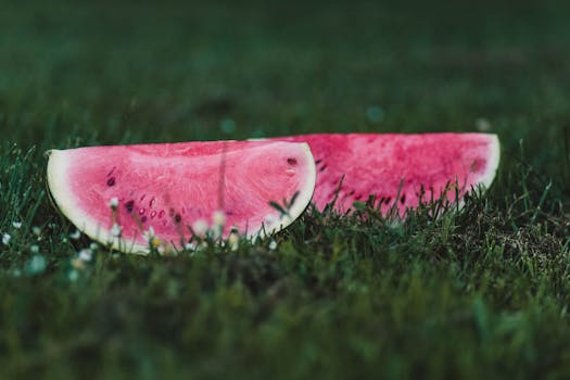 两片成熟的西瓜片躺在郁郁葱葱的绿草上，散发着夏日的新鲜感