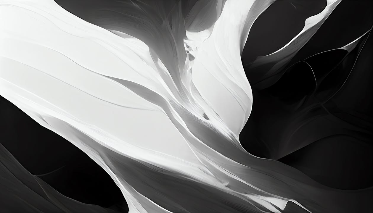 Abstract black and white background. Fluid shapes, dynamic composition ...