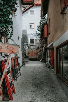 Explore the quaint alleyways of a scenic mountain village with historic architecture.