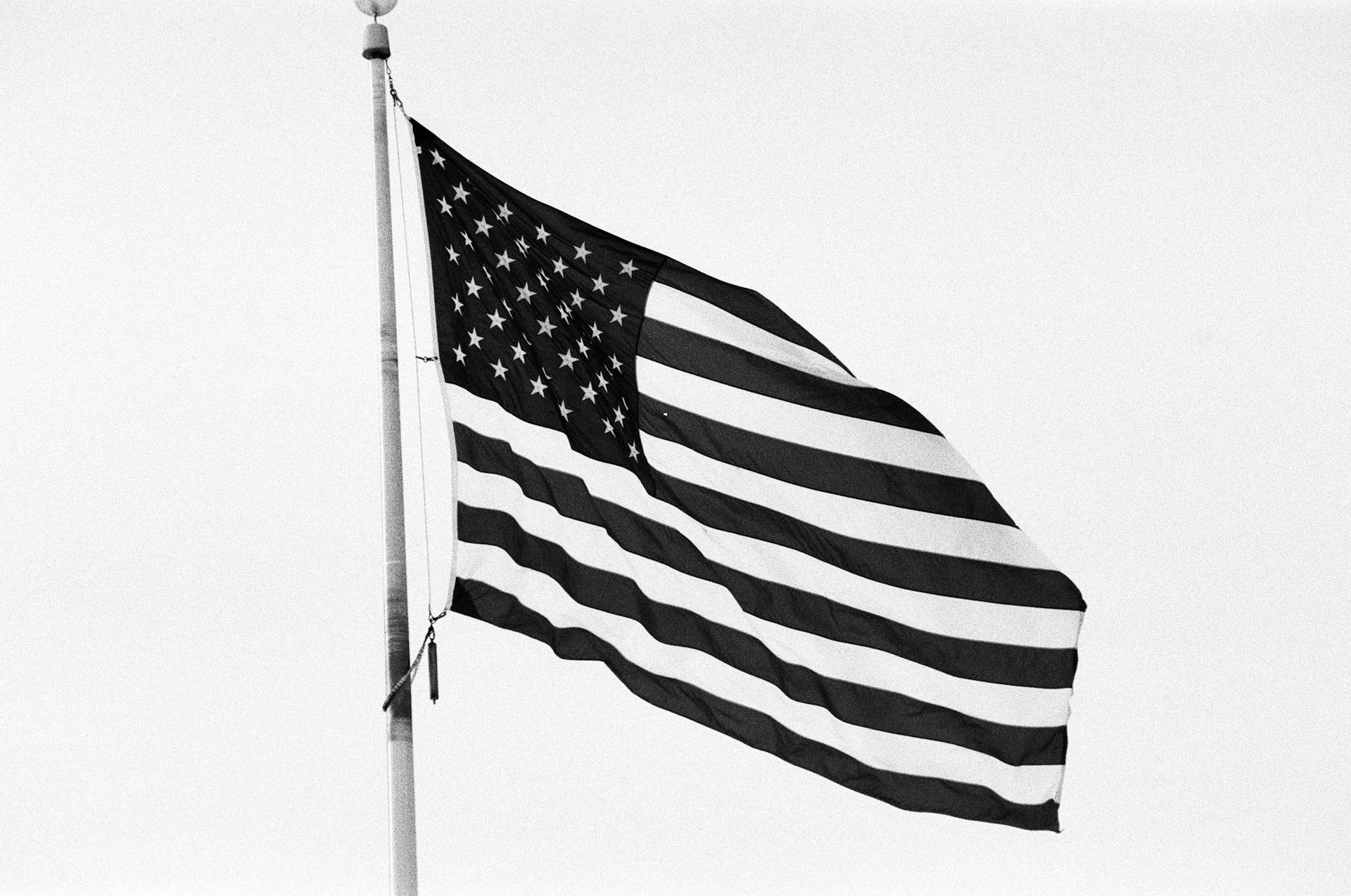 Monochrome image of the American flag on a flagpole, symbolizing patriotism.