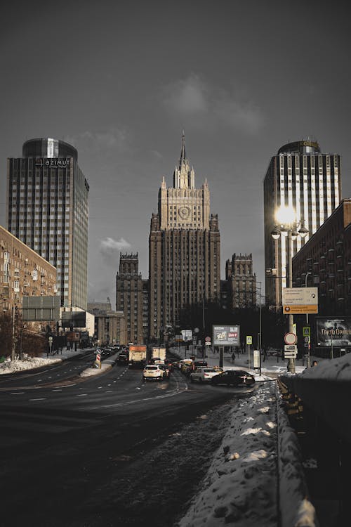 Monumental City Buildings on a Winter Night