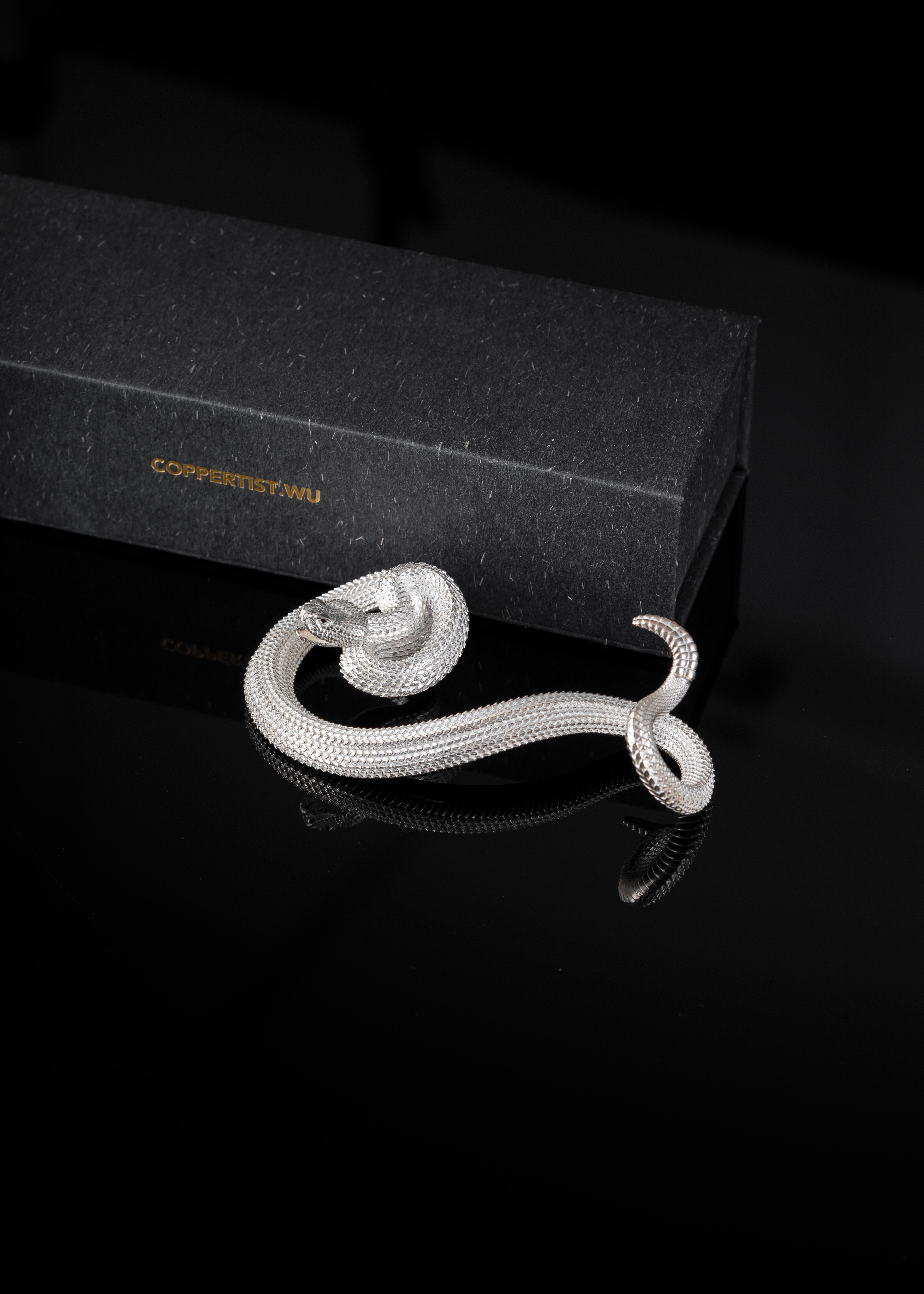 Luxurious silver cobra pen holder on a reflective black surface with elegant design packaging.