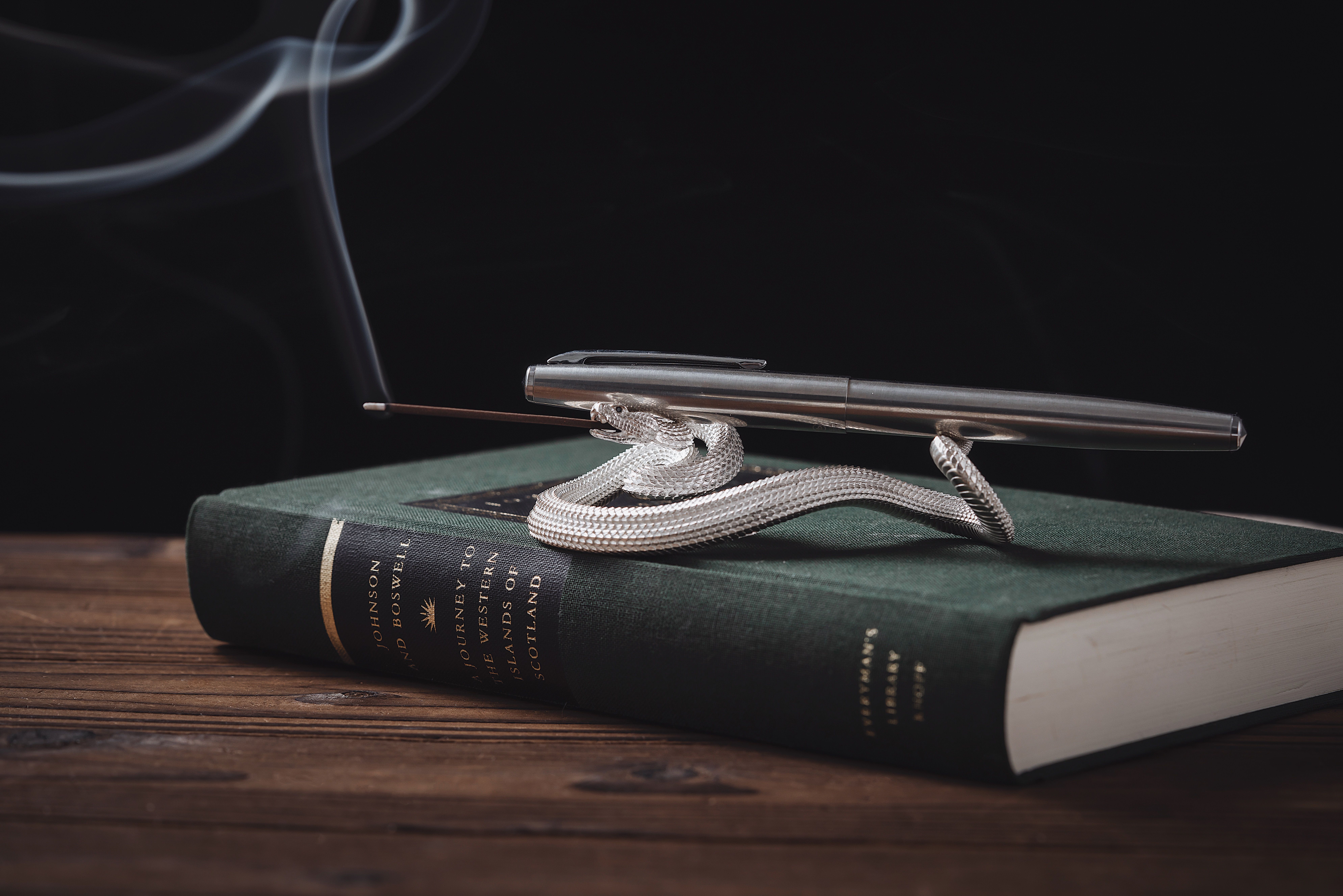 Silver pen resting on a silver snake holder atop a green book. Elegant and artistic display.