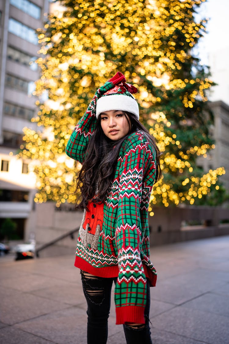 Young Woman Posing In Christmas Sweater