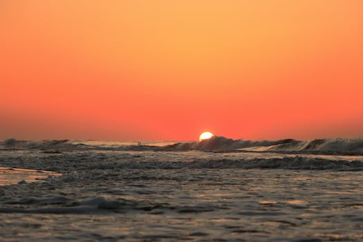Captivating sunrise over the Atlantic Ocean at Hilton Head Island with vibrant orange skies.