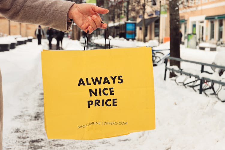 Person Holding Paper Bag On Winter Street