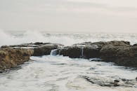 阴云密布的天空下，海浪拍打着岩石海岸，展现着大自然的力量